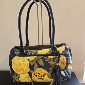Isaac Mizrahi Yellow & Navy Leather Trimmed Canvas Floral Satchel with Tassel